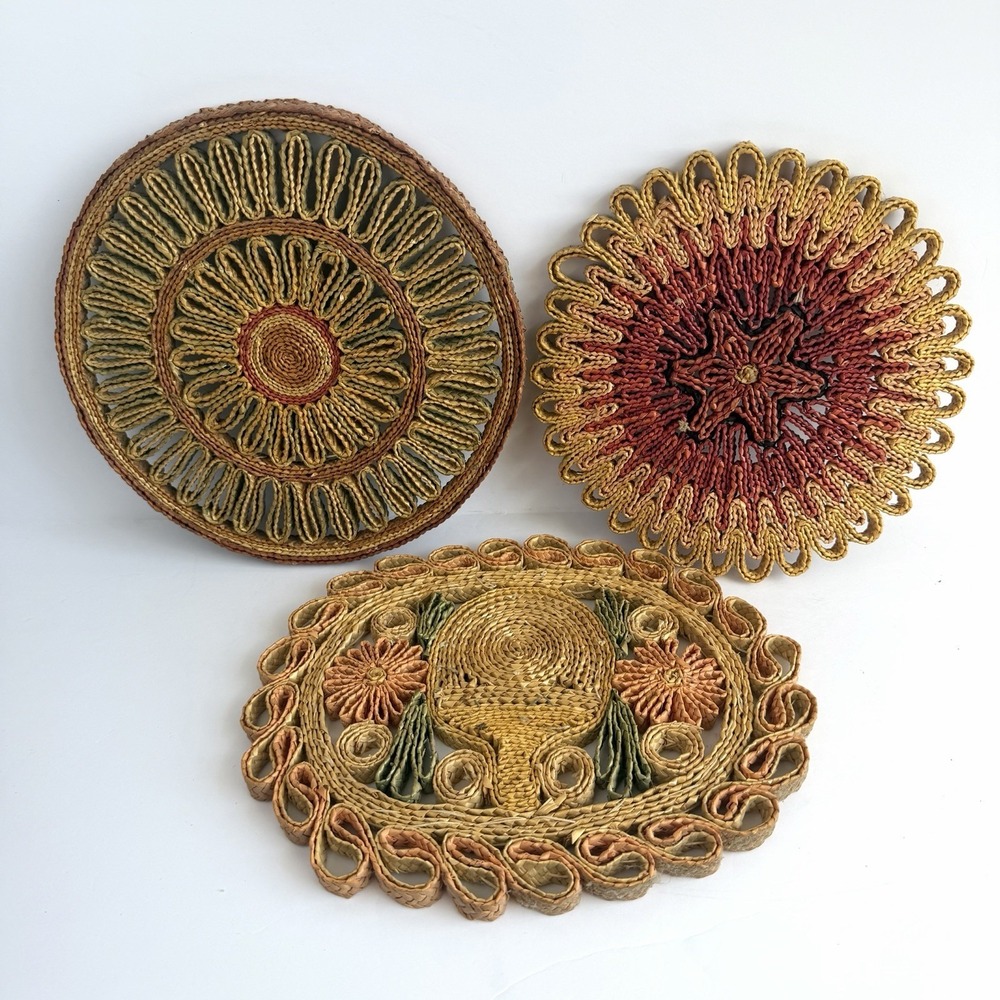 Vtg Raffia Straw Wicker Rattan Trivets Hot Pad Wall Decor Boho 3 Pc Cottagecore - Picture 6 of 7